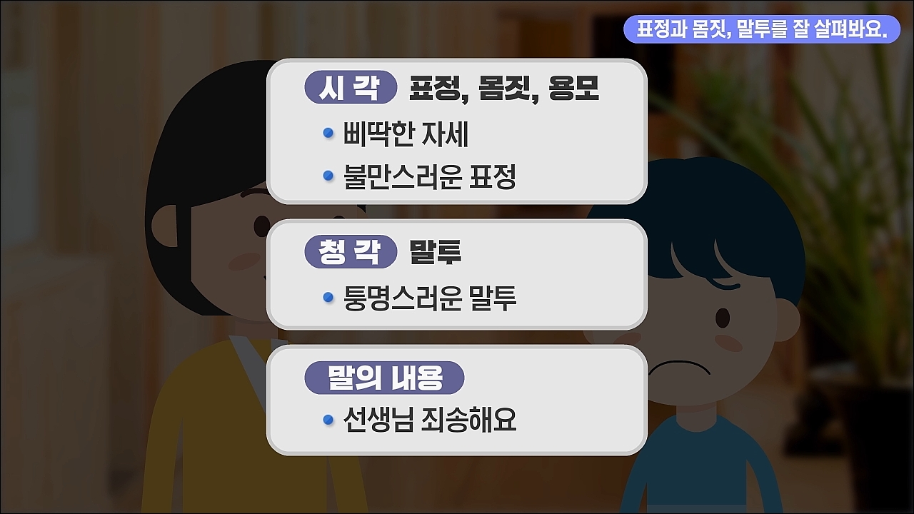 표정과 몸짓, 말투를 잘 살펴봐요